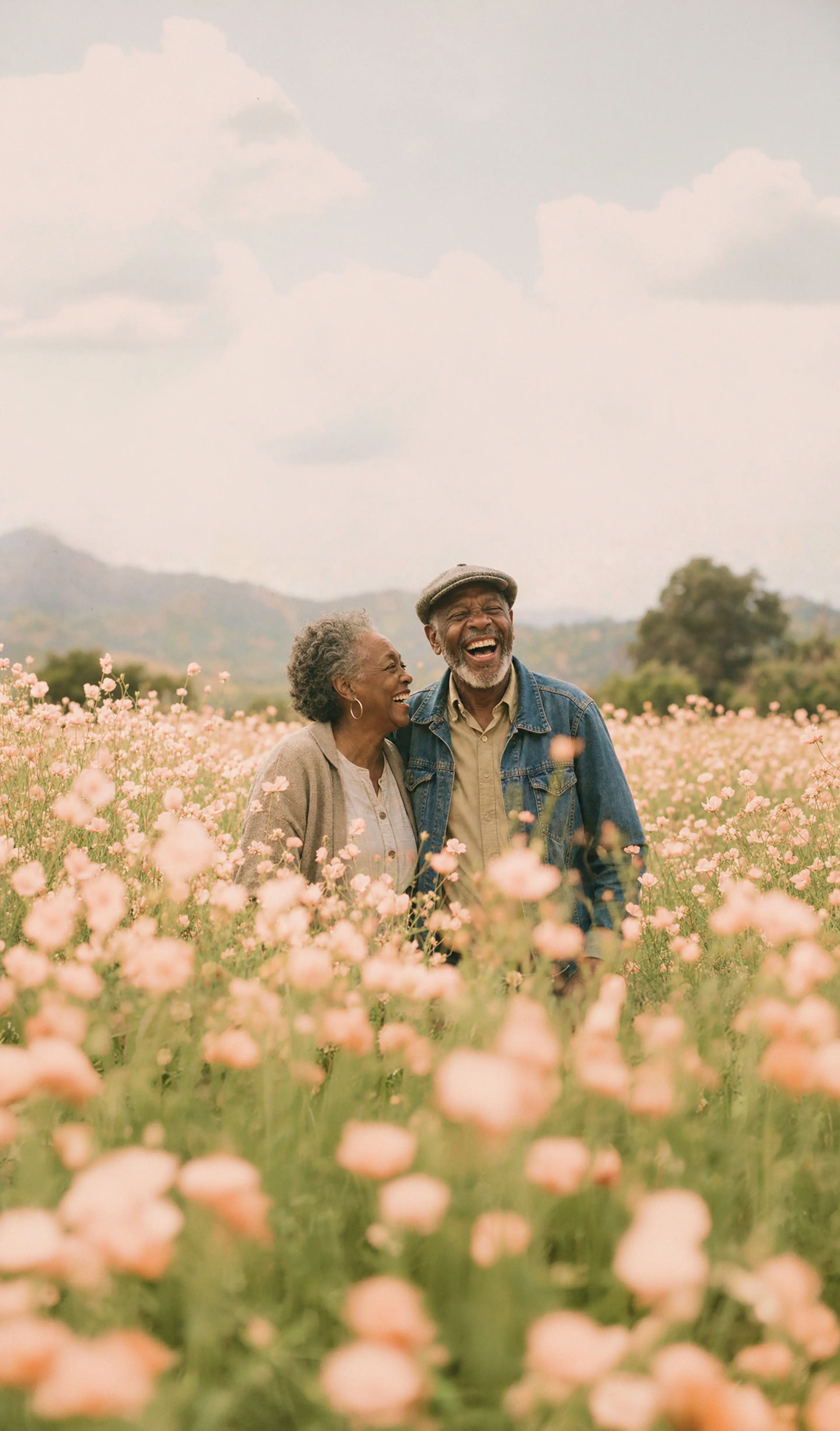 Two people laughing together in a field of flowers