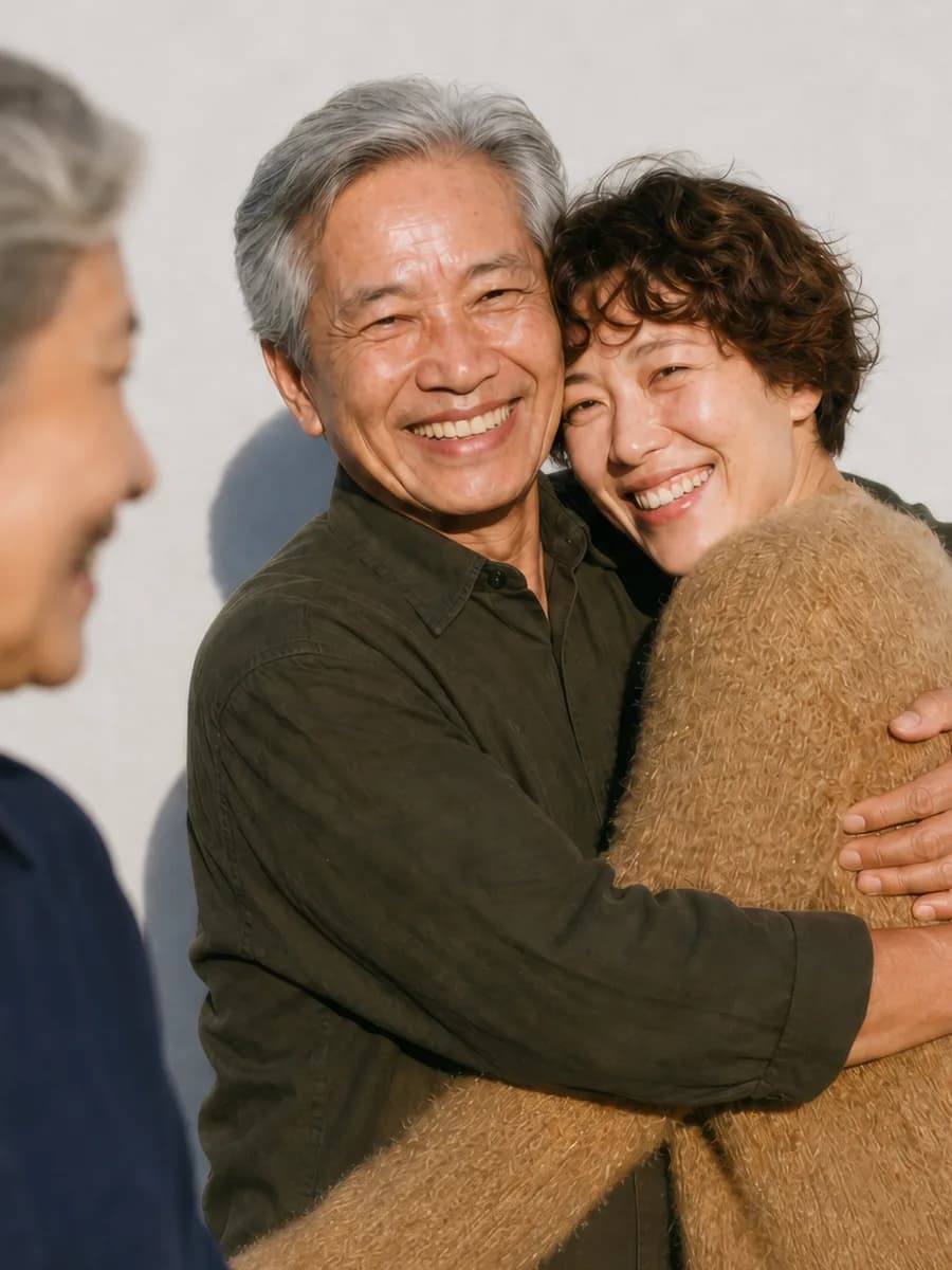 An older couple embracing and laughing in the sun, a third person in the foreground
